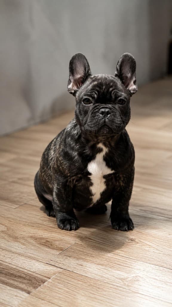 Cachorro Bulldog Francés en piso de madera en ángulo natural